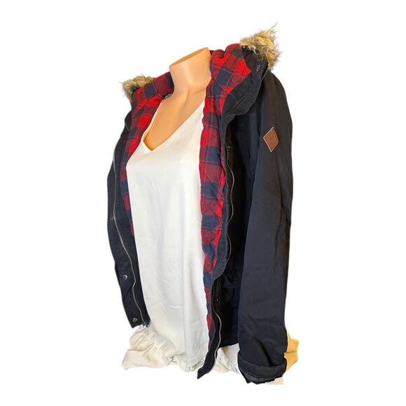 NOT AVAILABLE Womens Medium navy blue hooded parka-style jacket lined red plaid - Picture 3 of 10